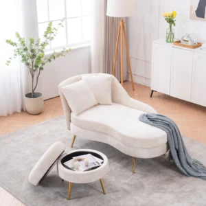 58" Chenille Lounge Chair with Footstool – Left Armrest & Lumbar Pillow